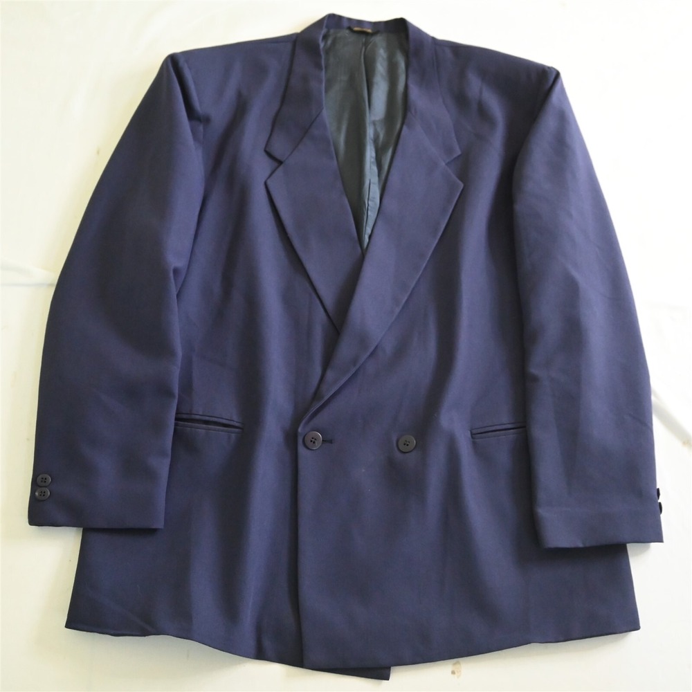 Vtg USA Made 46R Blue Purple‎ Wool Double Breasted Blazer Jacket Sport Coat